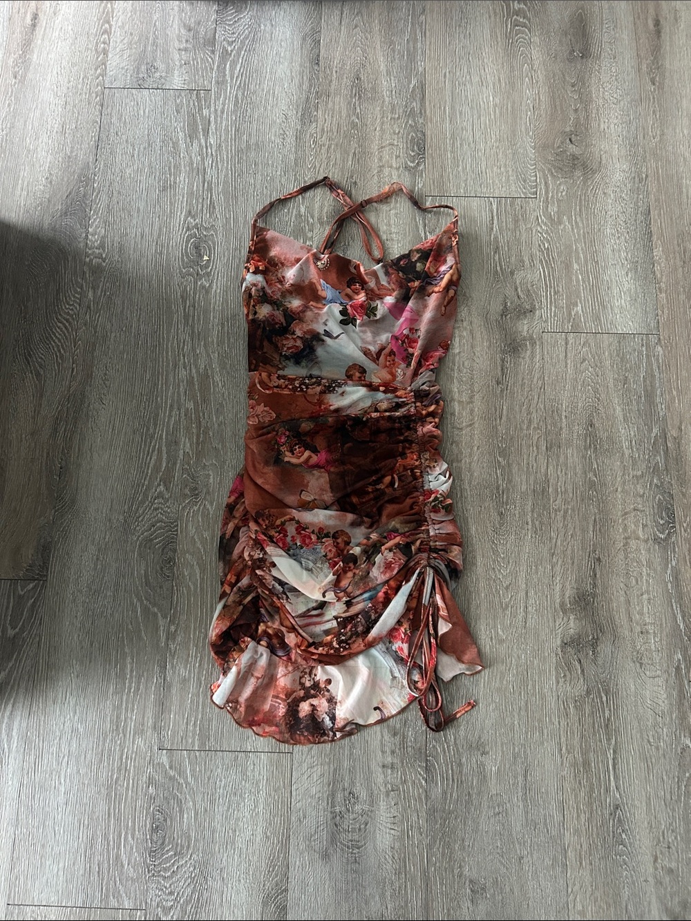 SHEIN Rust Floral Painterly Ruched Slip Mini Dress